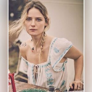 Free People Cream Embroidered Top